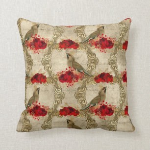 Coussin Oiseaux d'or et flore rouge