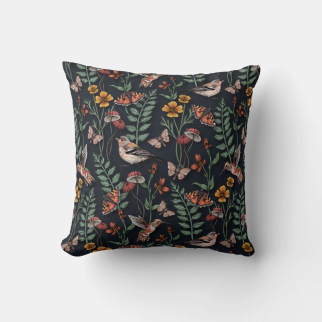 Coussin Oiseaux du jardin foncé et papillons (Recto)