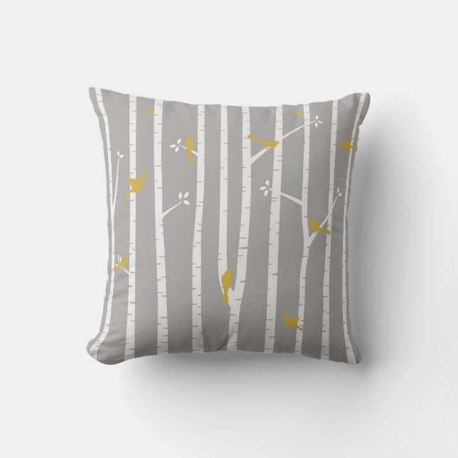 Coussin Oiseaux en jaune de blanc gris d'arbres de bouleau (Recto)