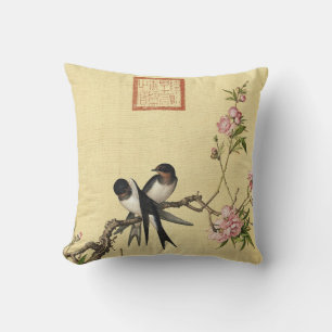 Coussin Oiseaux et fleurs de pêche par Giuseppe Castiglion