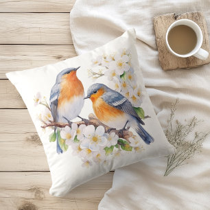 Coussin Oiseaux et fleurs printaniers à l'aquarelle