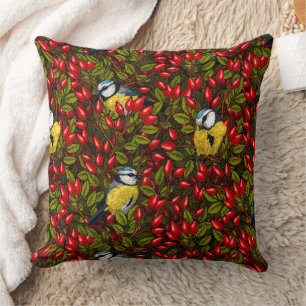 Coussin Oiseaux et hanches roses de chien, vert et rouge
