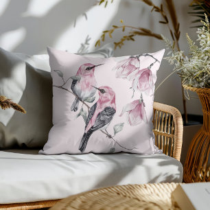 Coussin Oiseaux & Florales Roses en Aquarelle