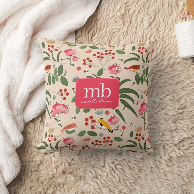 Coussin Oiseaux floraux dessinés à la main Abeilles Monogr (Couverture)