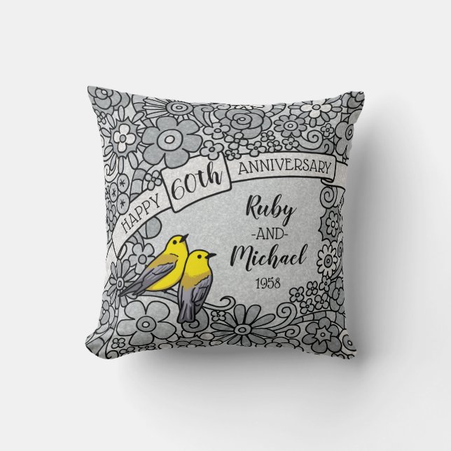 Coussin Oiseaux floraux personnalisés de soixantième (Recto)
