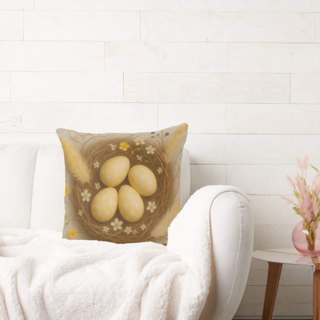Coussin Oiseaux jaunes nid avec des oeufs bébé Fleurs Plum (Canapé)