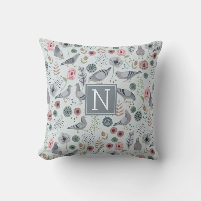 Coussin oiseaux monogramme bleu clair pigeon motif floral (Recto)