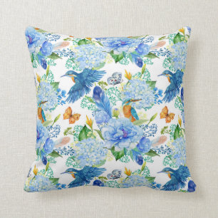 Coussin Oiseaux-mouches et Hydrangea Bleu