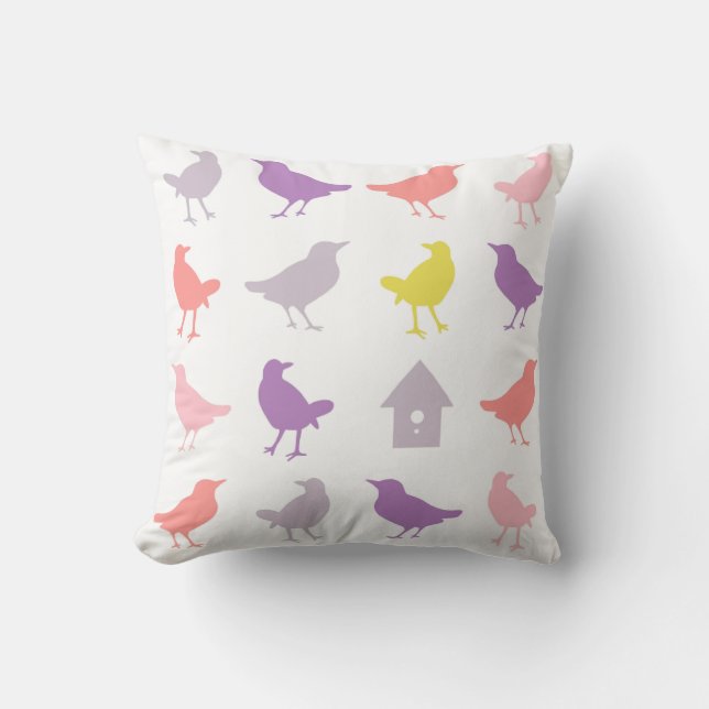 Coussin Oiseaux pastel rose et violet avec Birdhouse (Recto)