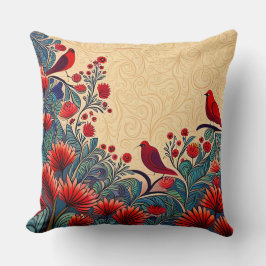 Coussin Oiseaux Rouges, Flore Abstrait Folksy