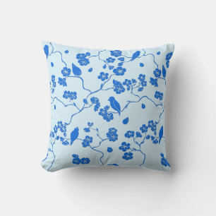 Coussin Oiseaux sur fleurs de cerisier bleu sur bleu