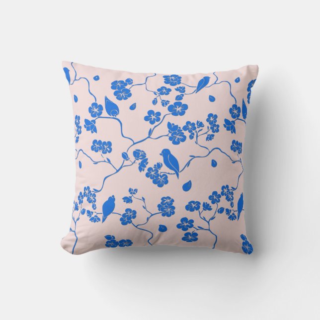 Coussin Oiseaux sur les fleurs de cerisier Bleu sur Blush (Recto)