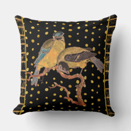 Coussin Oiseaux sur Pois d'or noir