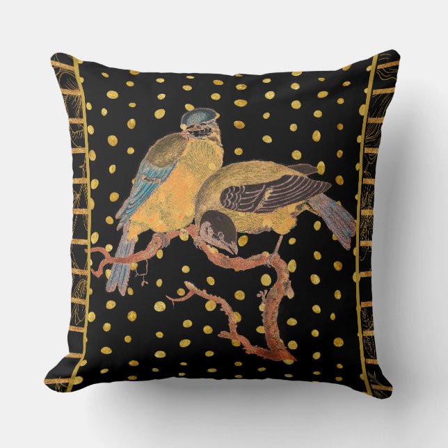 Coussin Oiseaux sur Pois d'or noir (Recto)