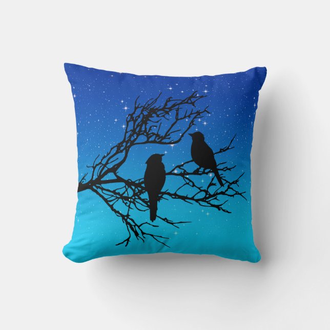 Coussin Oiseaux sur une branche, Noir contre le bleu du so (Recto)