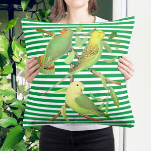 Coussin Oiseaux tropicaux en rayures blanches vertes lance