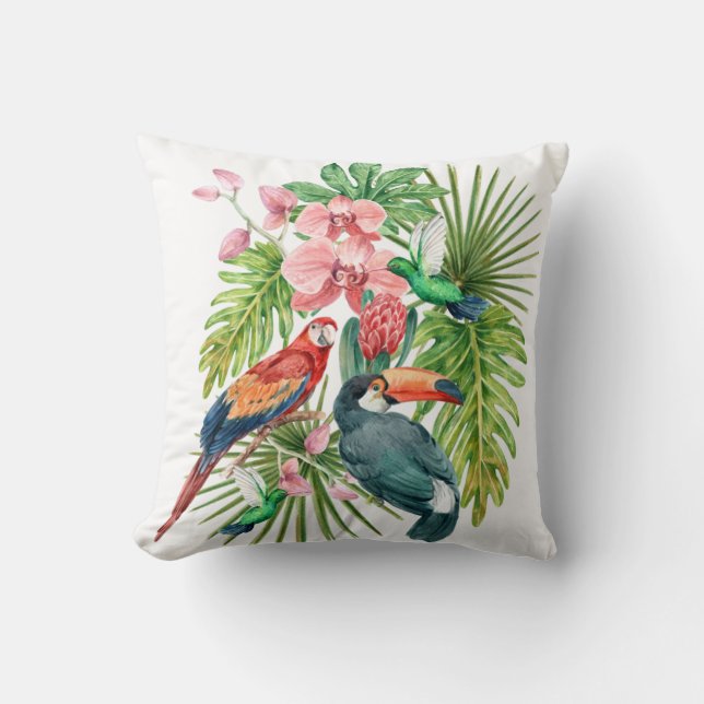 Coussin Oiseaux tropicaux fleurs exotiques vert blanc (Recto)