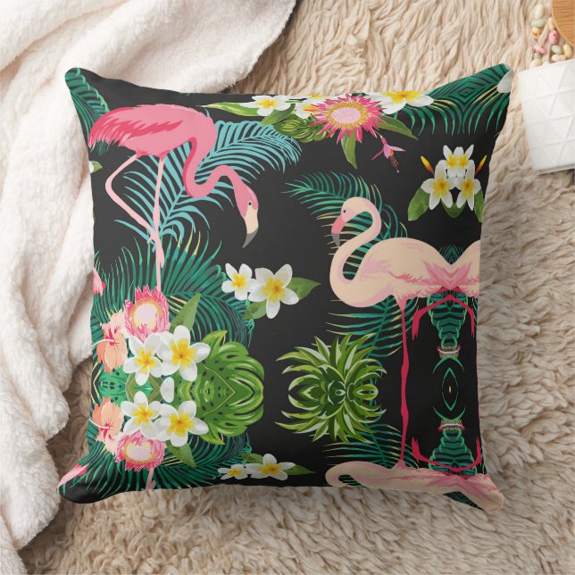 Coussin Oiseaux tropicaux Fleurs Flamant rose Paysage aqua (Couverture)