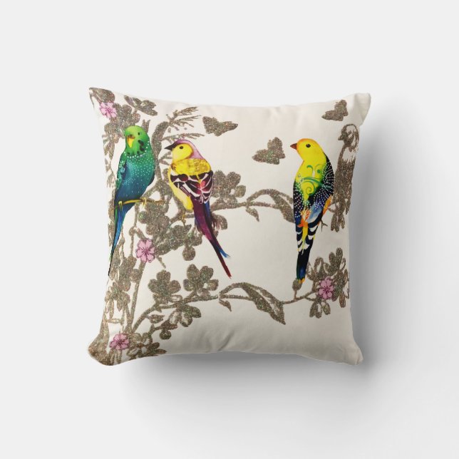Coussin Oiseaux verts Aquarelle florale Parties scintillan (Recto)