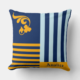 Coussin Old English Navy Blue and Orange Stripes With Name