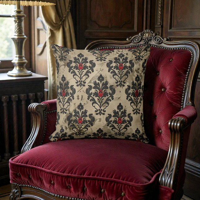 Coussin Old Victorian Black Red & Beige Damask (Créateur téléchargé)