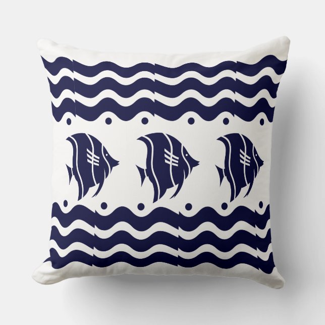Coussin Ondes Art déco + poisson Bleu blanc (Recto)