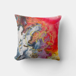 Coussin Or Abstrait Art Rouge, Violet Jaune Bleu Monogramm
