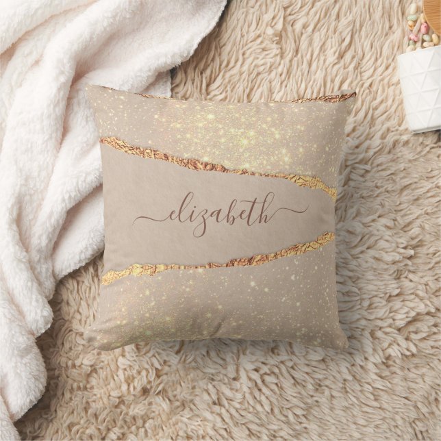 Coussin Or beige Agate marbre pierre nom script (Couverture)
