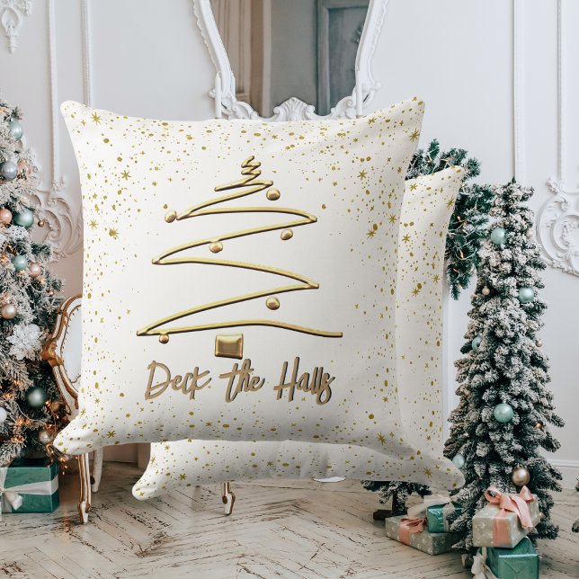 Coussin Or et blanc, élégant sapin de Noël (Gold and White, Elegant Christmas Tree Throw Pillow)