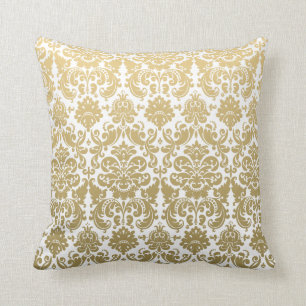 Coussin Or et motif élégant blanc de damassé