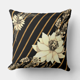 Coussin Or noir rayé avec Rose blanche
