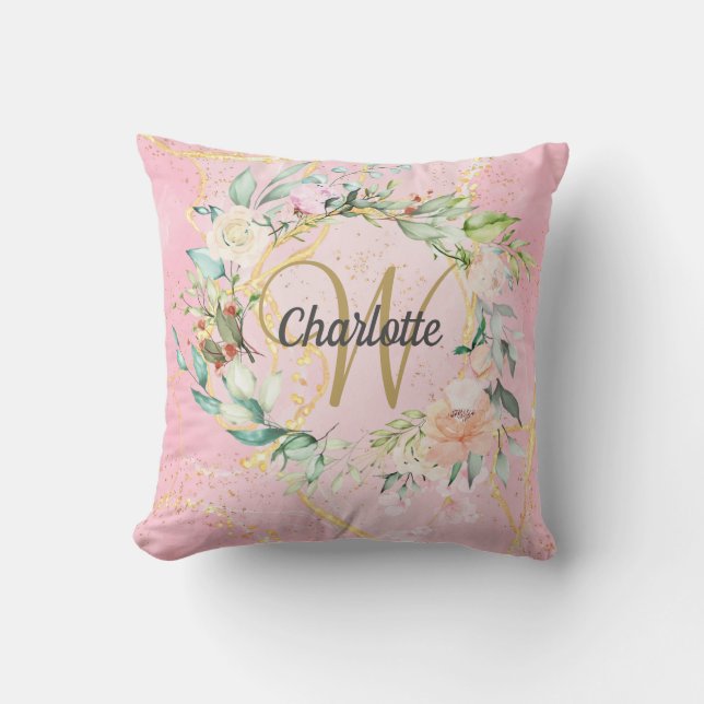 Coussin Or Script Monogramme Floral rose Géode Agate (Recto)