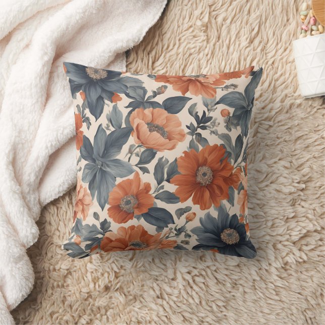 Coussin Orange brûlé et floral bleu fumé (Couverture)