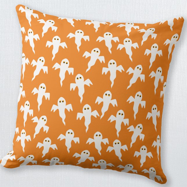 Coussin Orange d'Halloween fantôme (Fun little ghosts orange and white throw pillow, perfect for Halloween decor)