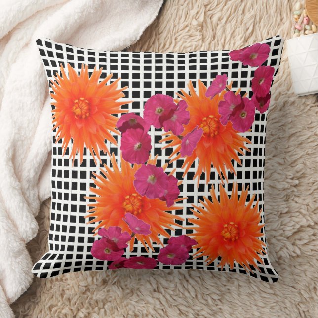 Coussin Orange Fleurs roses Noir Blanc Chèque Lisse Oreill (Couverture)