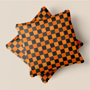 Coussin Orange & Gray Fun Retro Chic À damiers Carré