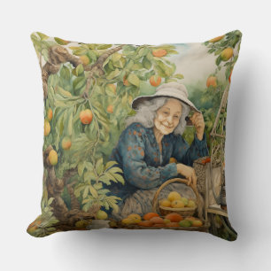 Coussin Oranges et pêches dame avec cheveux gris et casque