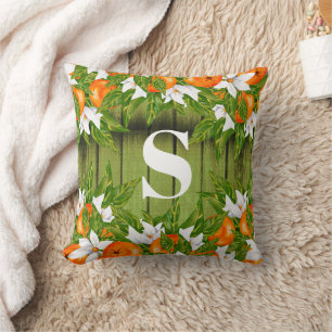 Coussin Oranges Fruits Pays Automne Vert Bois Monogramme