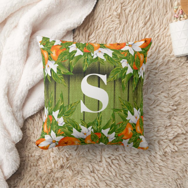 Coussin Oranges Fruits Pays Automne Vert Bois Monogramme (Couverture)
