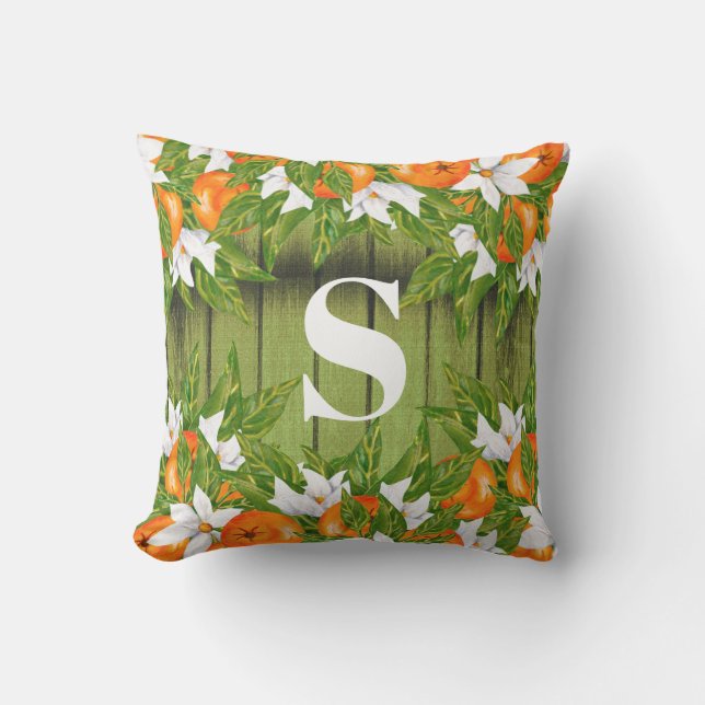Coussin Oranges Fruits Pays Automne Vert Bois Monogramme (Recto)