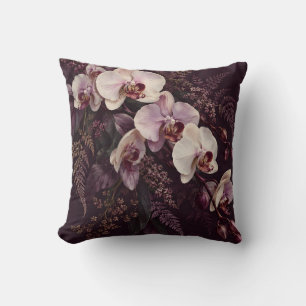 Coussin Orchidée botanique ivoire prune