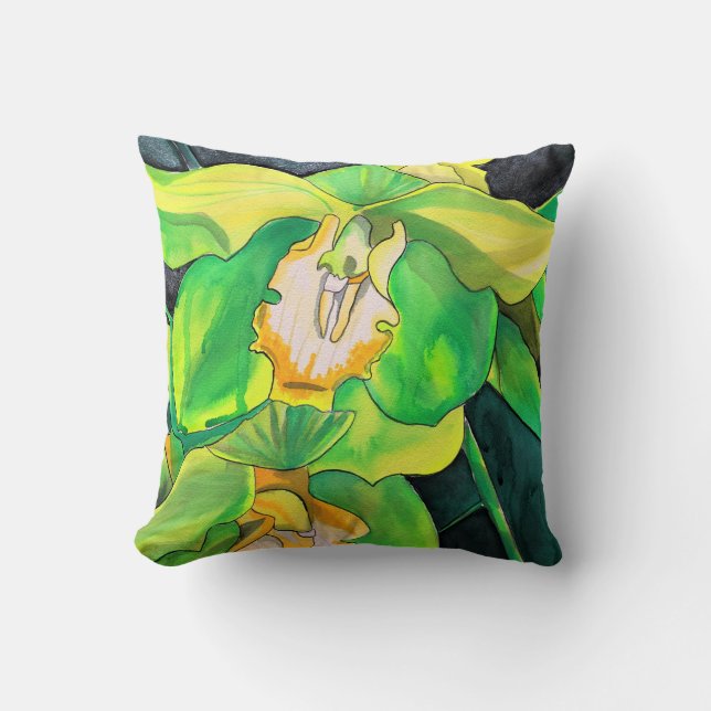 Coussin Orchidée fleurs vert et jaune art (Recto)