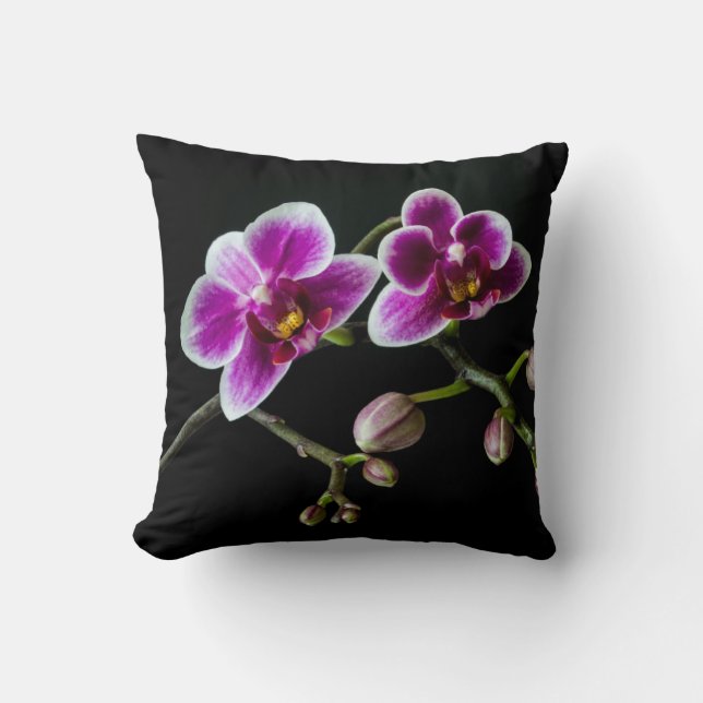 Coussin Orchidée rose blanc couleur sur noir pâle doux (Recto)