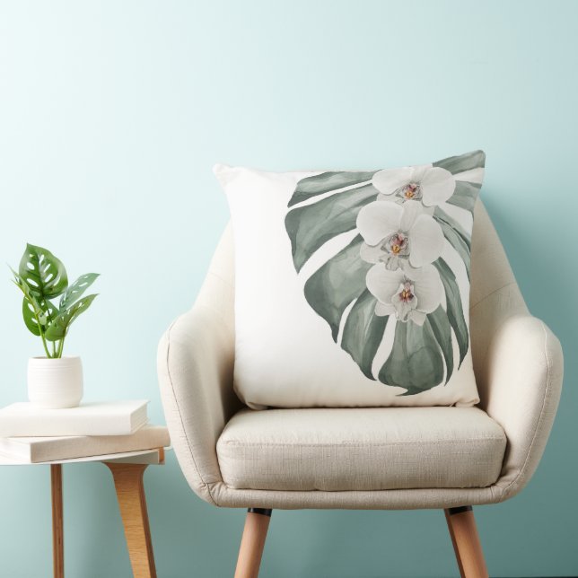 Coussin Orchidées blanches Aquarelle tropicale Floral (Chaise)