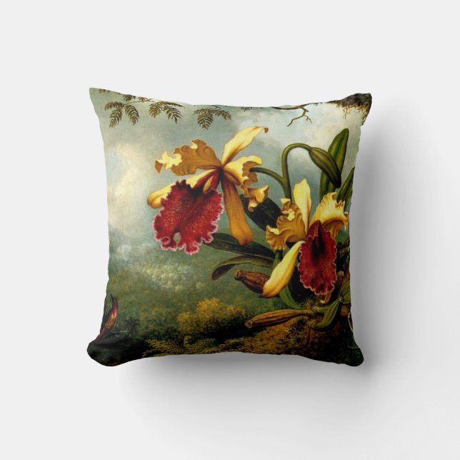 Coussin Orchidées et colibris, art botanique (Recto)