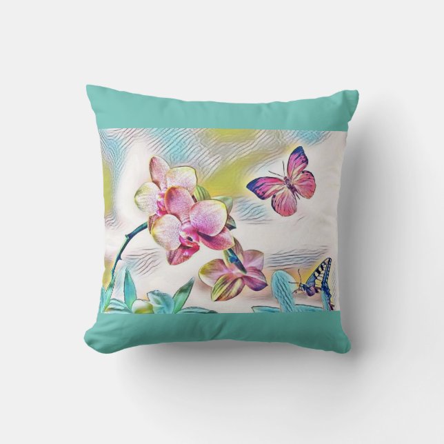 Coussin Orchidées roses fleurs et papillons (Recto)