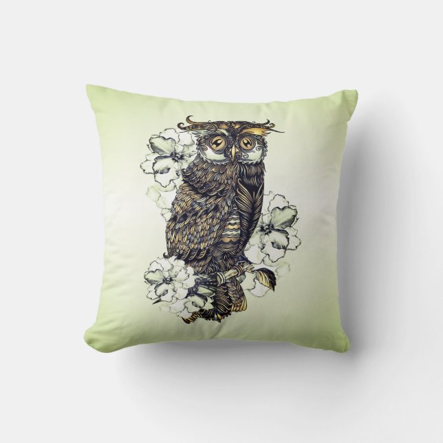 Coussin Orchidées vertes de hibou doré (Recto)