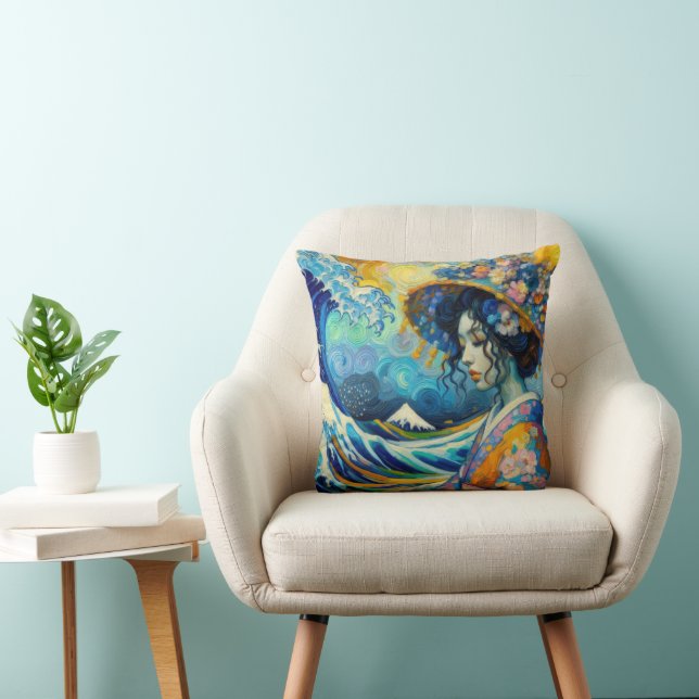 Coussin Oriental Maiko Geisha Kanagawa vagues Van Gogh mix (Chaise)