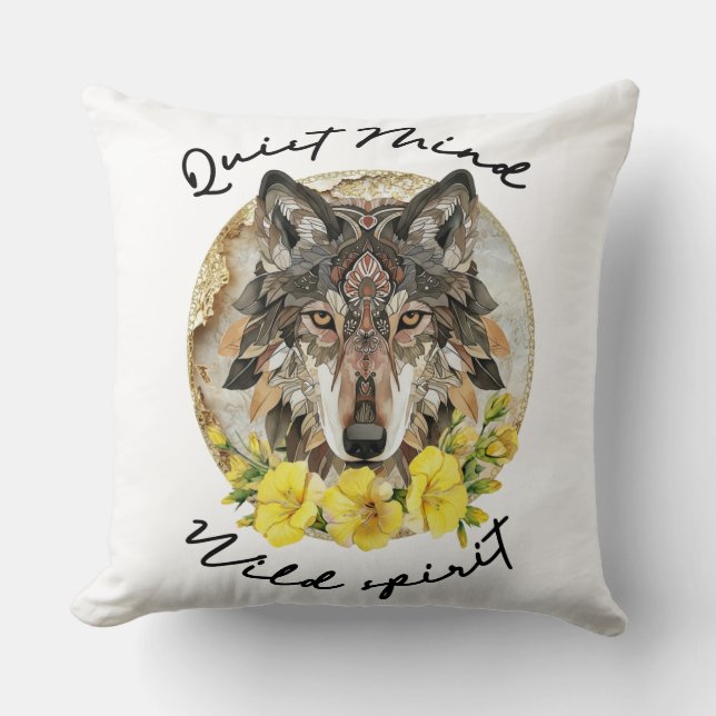 Coussin Ornate Boho Wolf with Yellow Flowers (Recto)