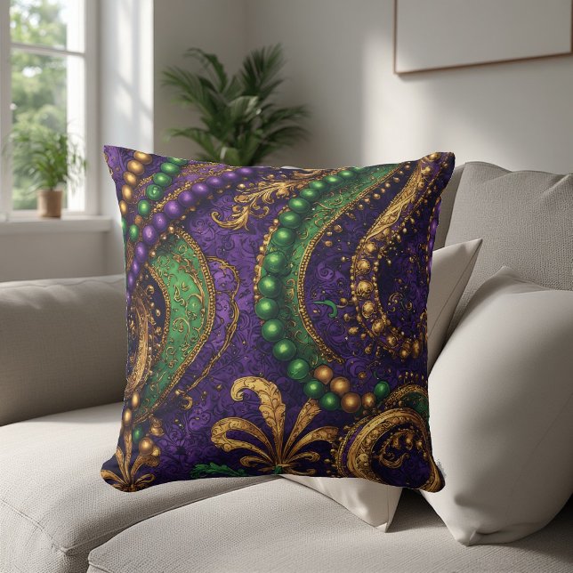 Coussin Ornate Masquerade Masks, Gold Beads, Fleur-de-Lis  (Ornate Masquerade Masks, Gold Beads, Fleur-de-Lis Throw Pillow)